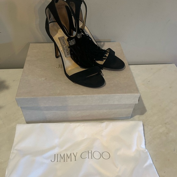 Rare Jimmy Choo Viola 100 Black Suede Fringe Heels| sz 37 | 7us - Picture 2 of 9